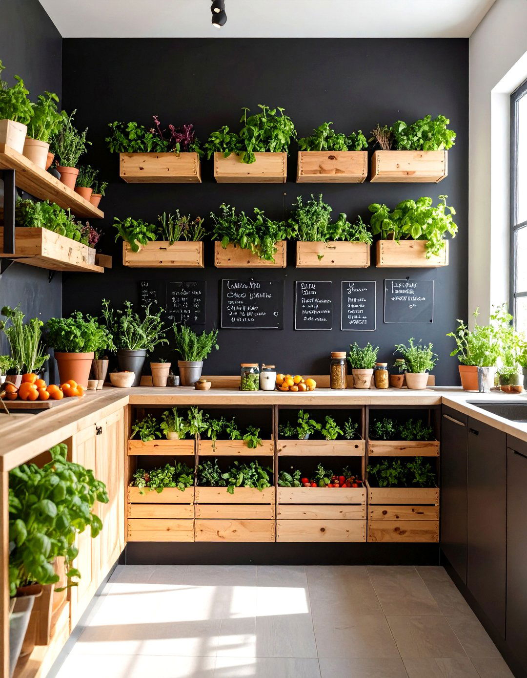 A Chalkboard Wall with Planter Boxes - 30 indoor herb garden ideas