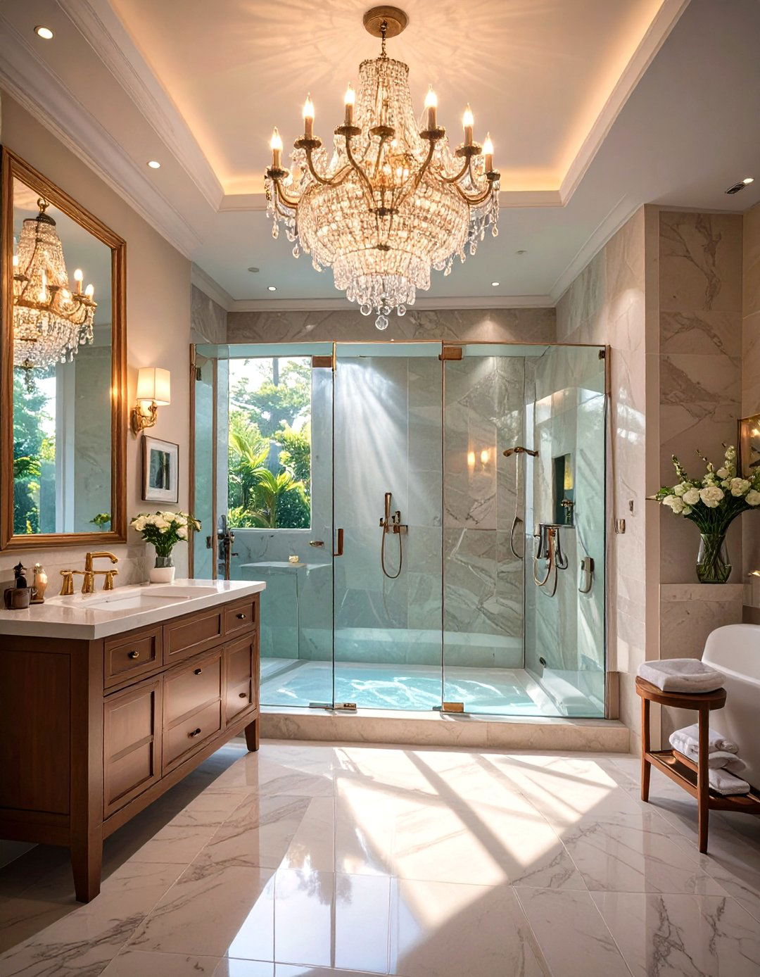 A Chandelier in the Center of the Bathroom - 30 shower lighting ideas