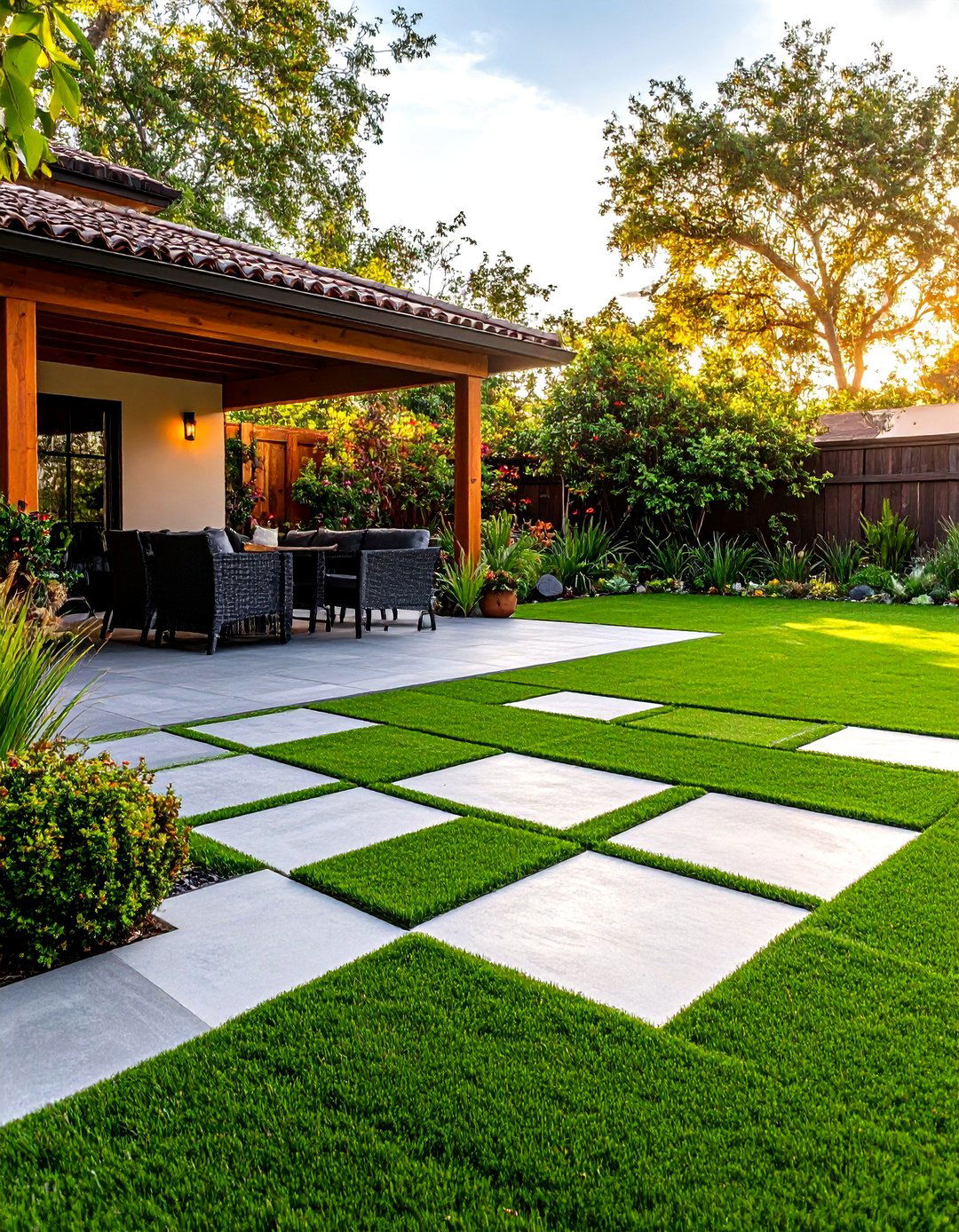 A Checkerboard Concrete and Turf Patio - 30 backyard concrete ideas