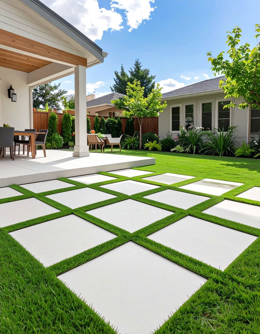 A Checkerboard Patio with Grass or Gravel - 30 small backyard landscaping ideas