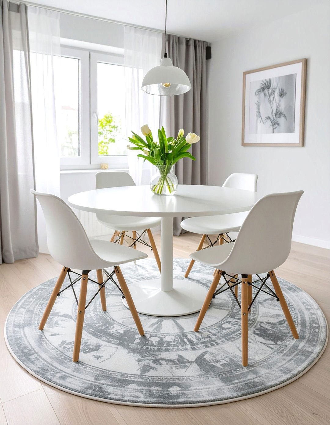 A Circular Area Rug Under a Round Table - 30 simple dining room ideas