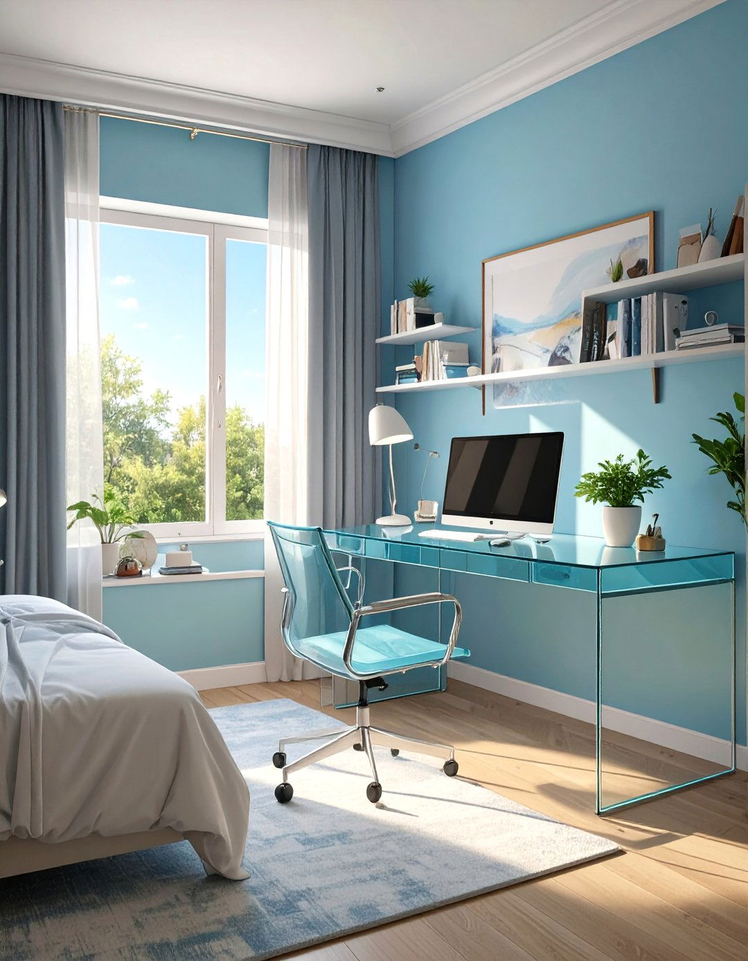 A Clear Acrylic Desk and Chair - 30 small bedroom office combo ideas