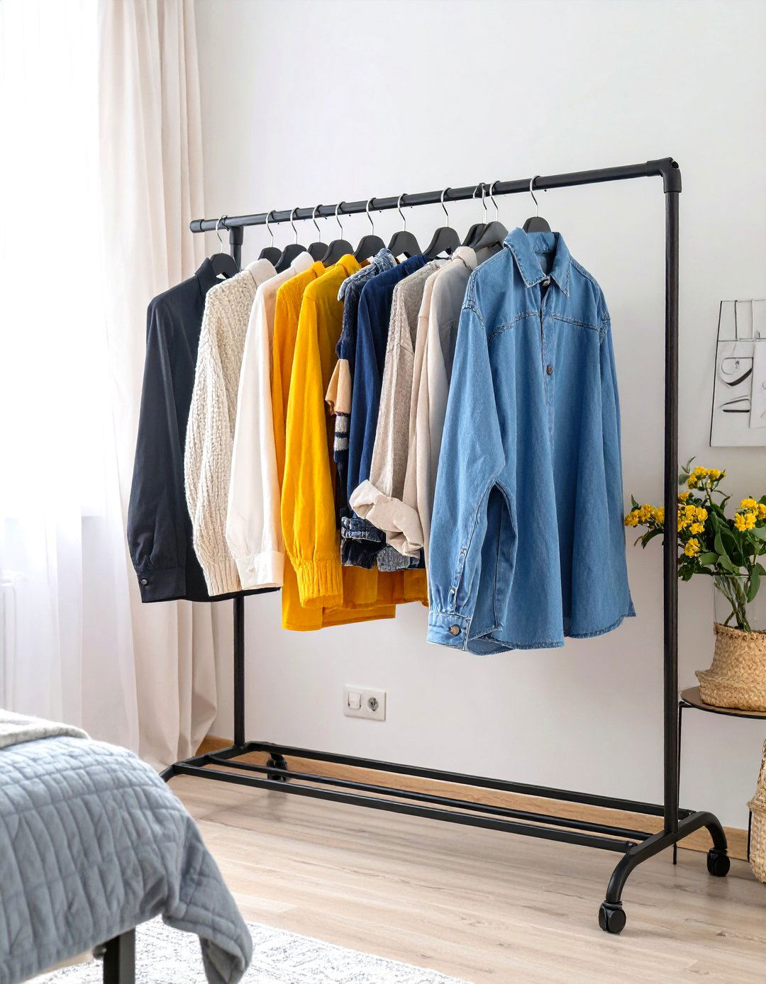 A Clothing Rack Instead of a Bulky Wardrobe - 30 small apartment bedroom ideas