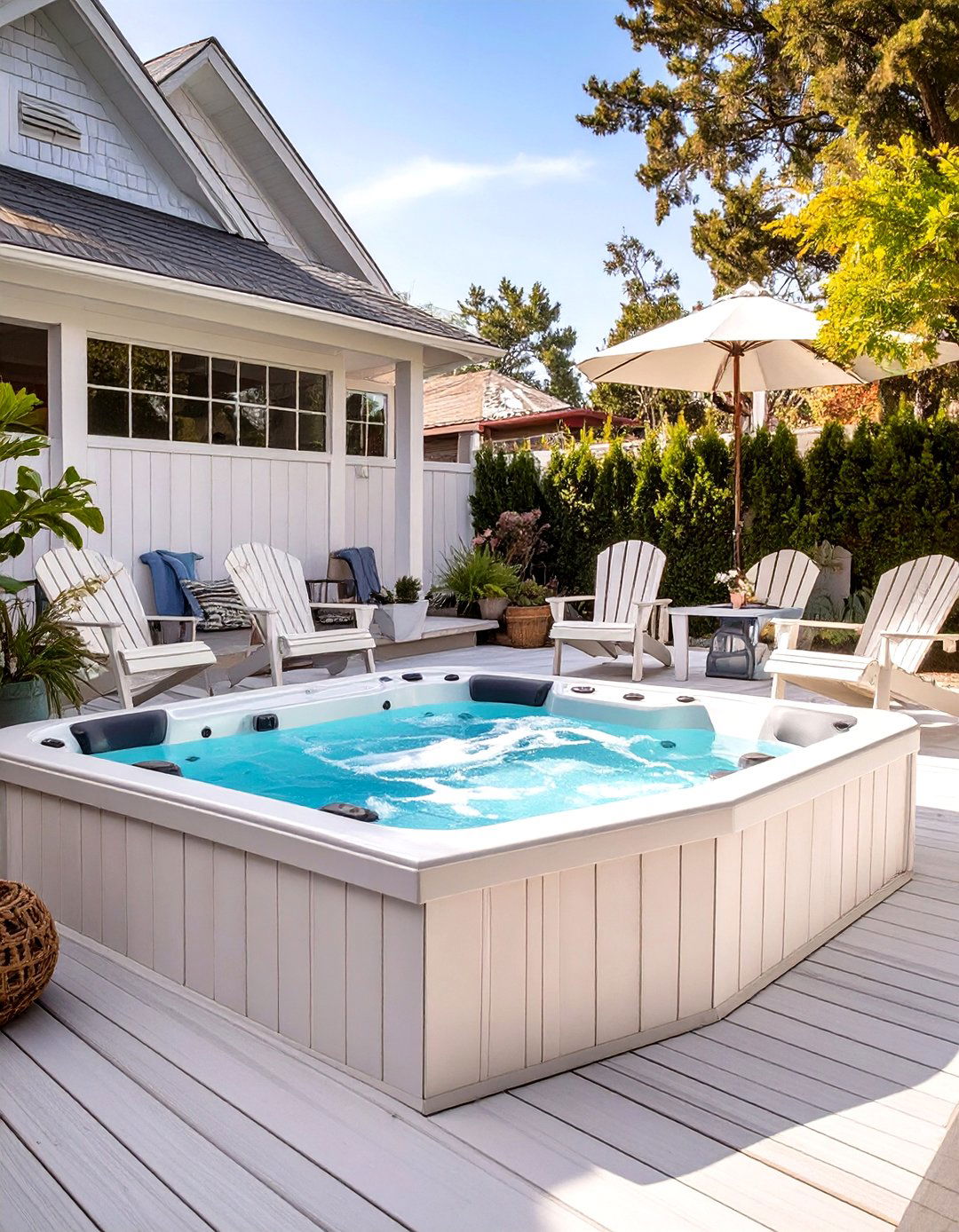 A Coastal Inspired Whitewashed Deck - 30 backyard swim spa deck ideas