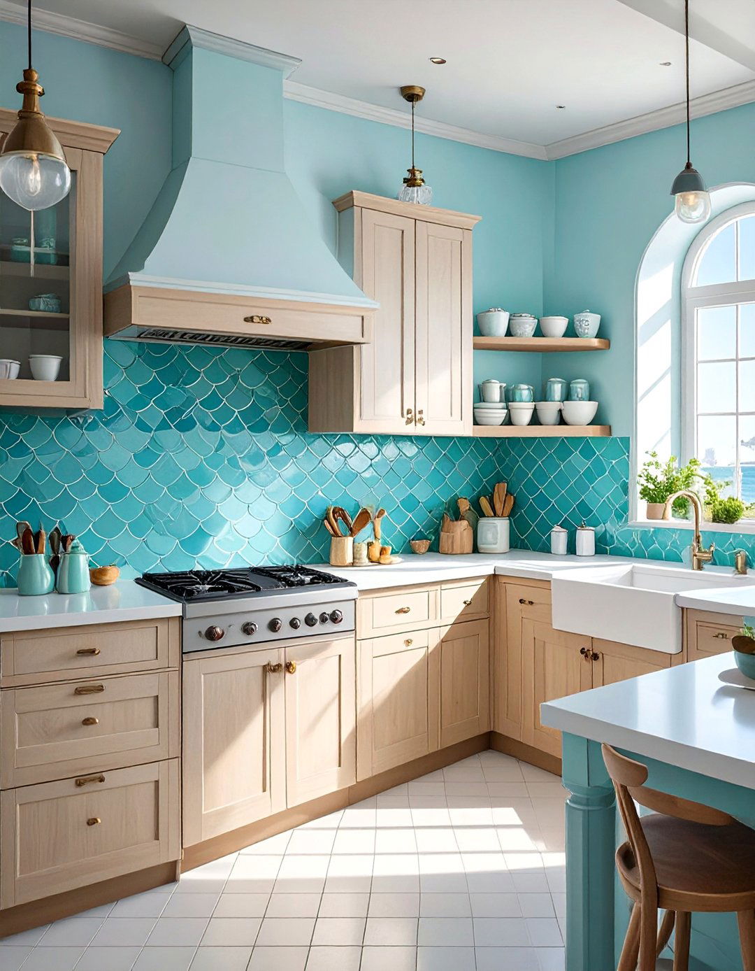 A Coastal Kitchen with Fish Scale Tiles - 30 backsplash ideas for kitchen