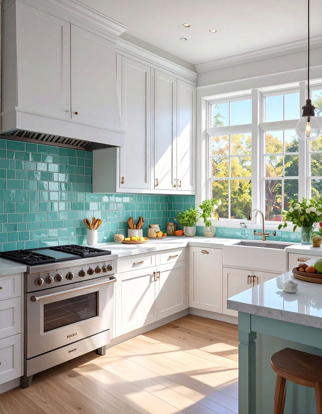 A Coastal Kitchen with Glass Subway Tiles - 30 backsplash ideas for kitchen
