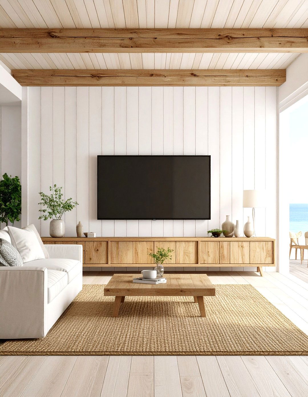 A Coastal Living Room with a Light and Airy TV Setup - 30 living room ideas with tv