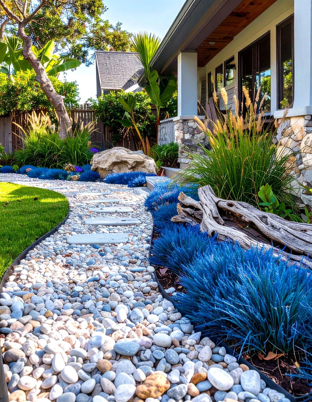 A Coastal Vibe with Beach Pebbles and Grasses - 30 low maintenance front yard landscaping ideas with rocks and mulch