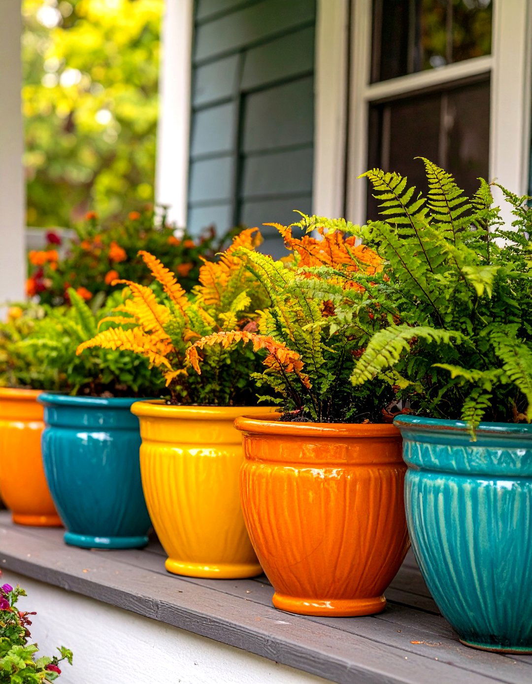 A Collection of Colorful Ceramic Pots - 30 small front porch landscaping ideas