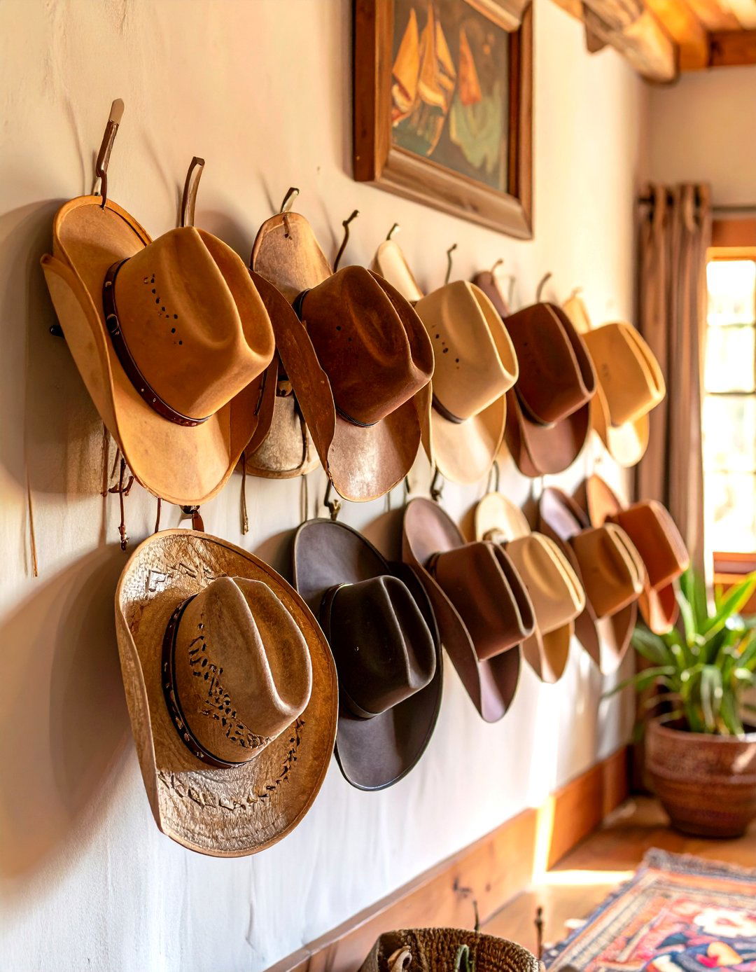 A Collection of Cowboy Hats on Display - 30 western living room ideas