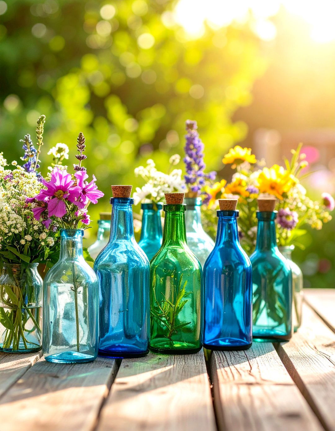 A Collection of Mismatched Glass Bottles - 30 outdoor table decor ideas
