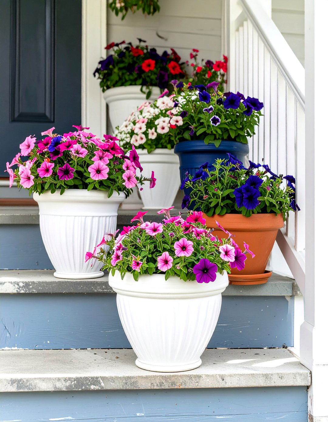 A Collection of Mismatched Painted Pots for a Small Front Porch - 30 small front porch ideas on a budget