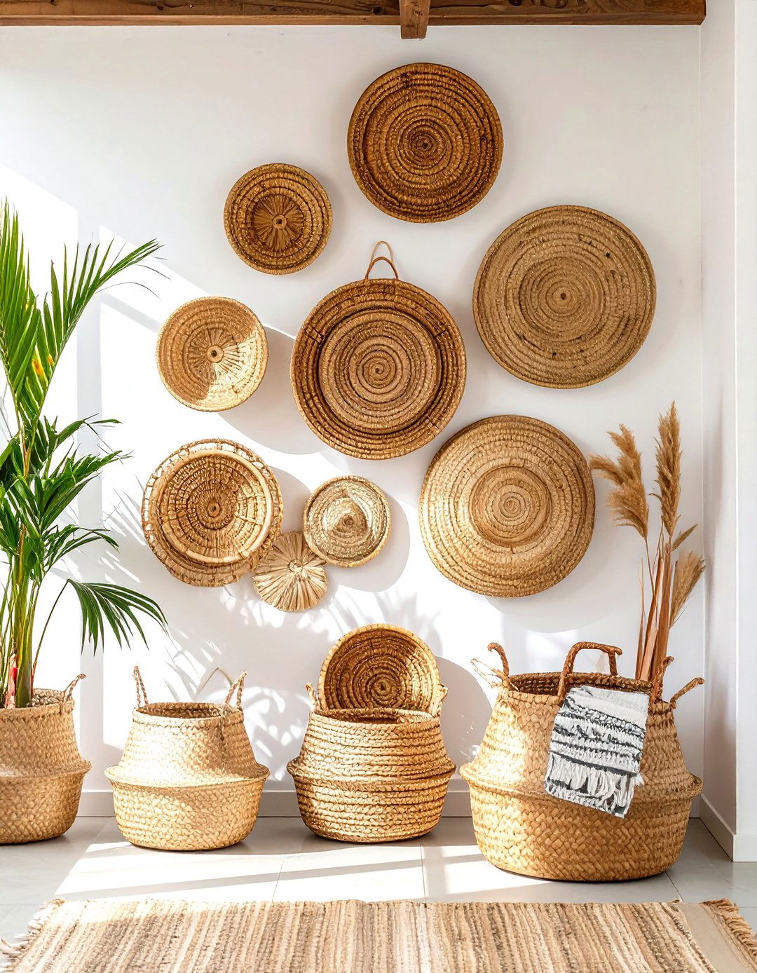 A Collection of Wall Mounted Baskets - 30 wall decoration ideas for living room