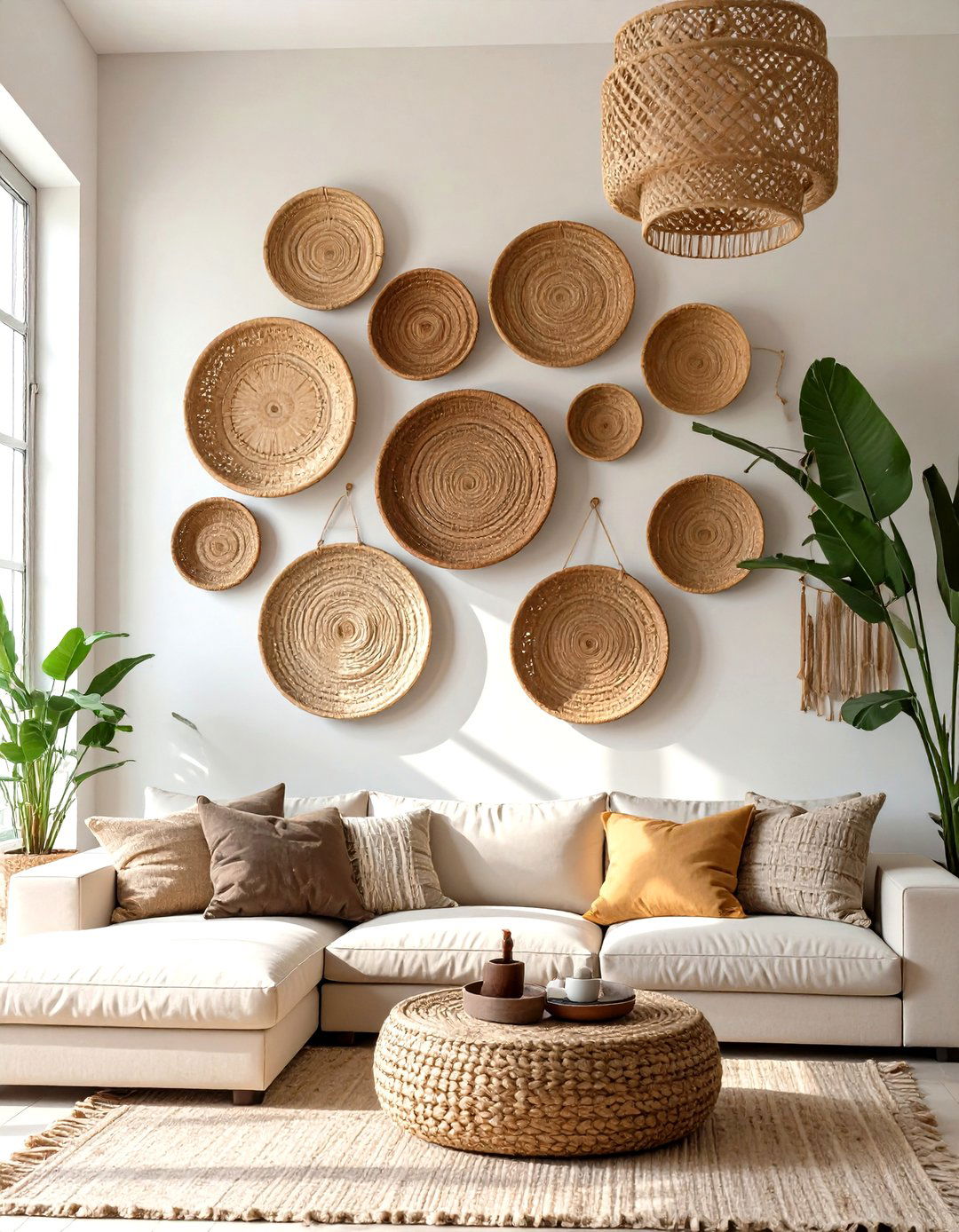 A Collection of Woven Baskets - 30 modern large wall decor ideas for living room