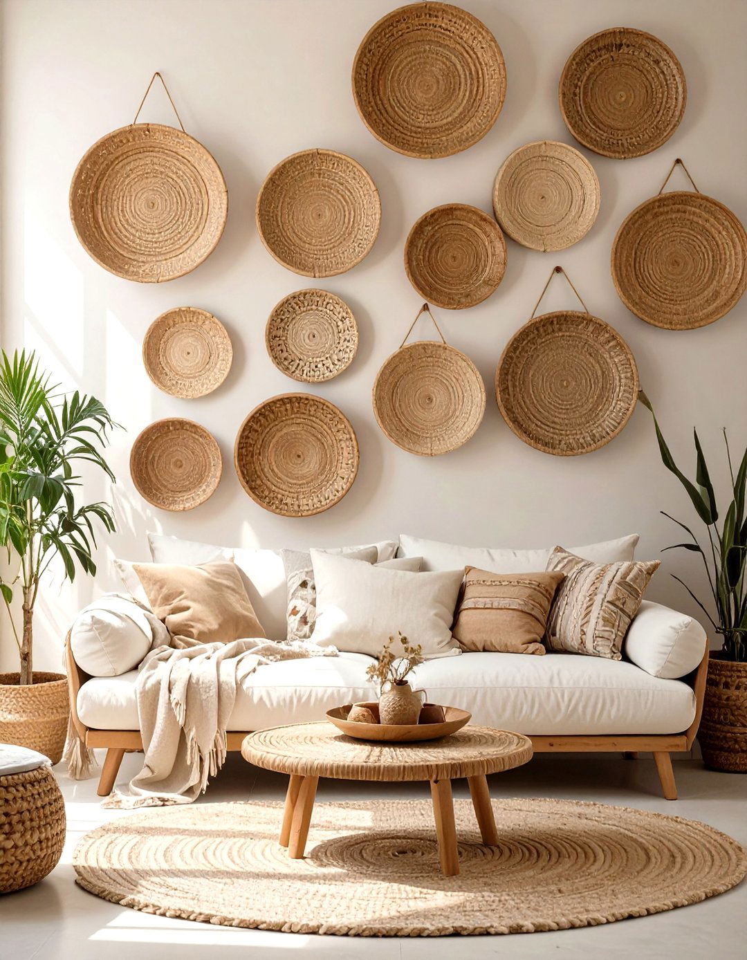 A Collection of Woven Baskets - 30 creative living room wall decor ideas