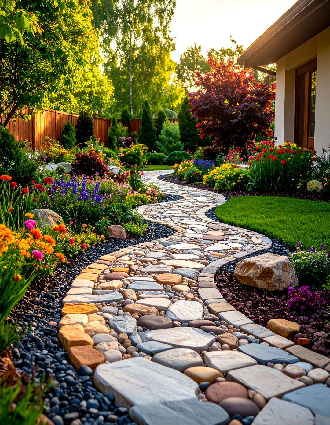 A Colorful Mosaic with Different Rocks - 30 front yard landscaping ideas with rocks