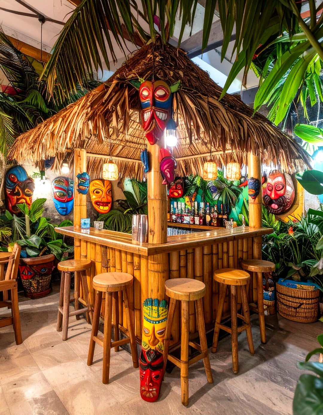 A Colorful Tiki Hut Escape Bar - 30 basement ideas with bar
