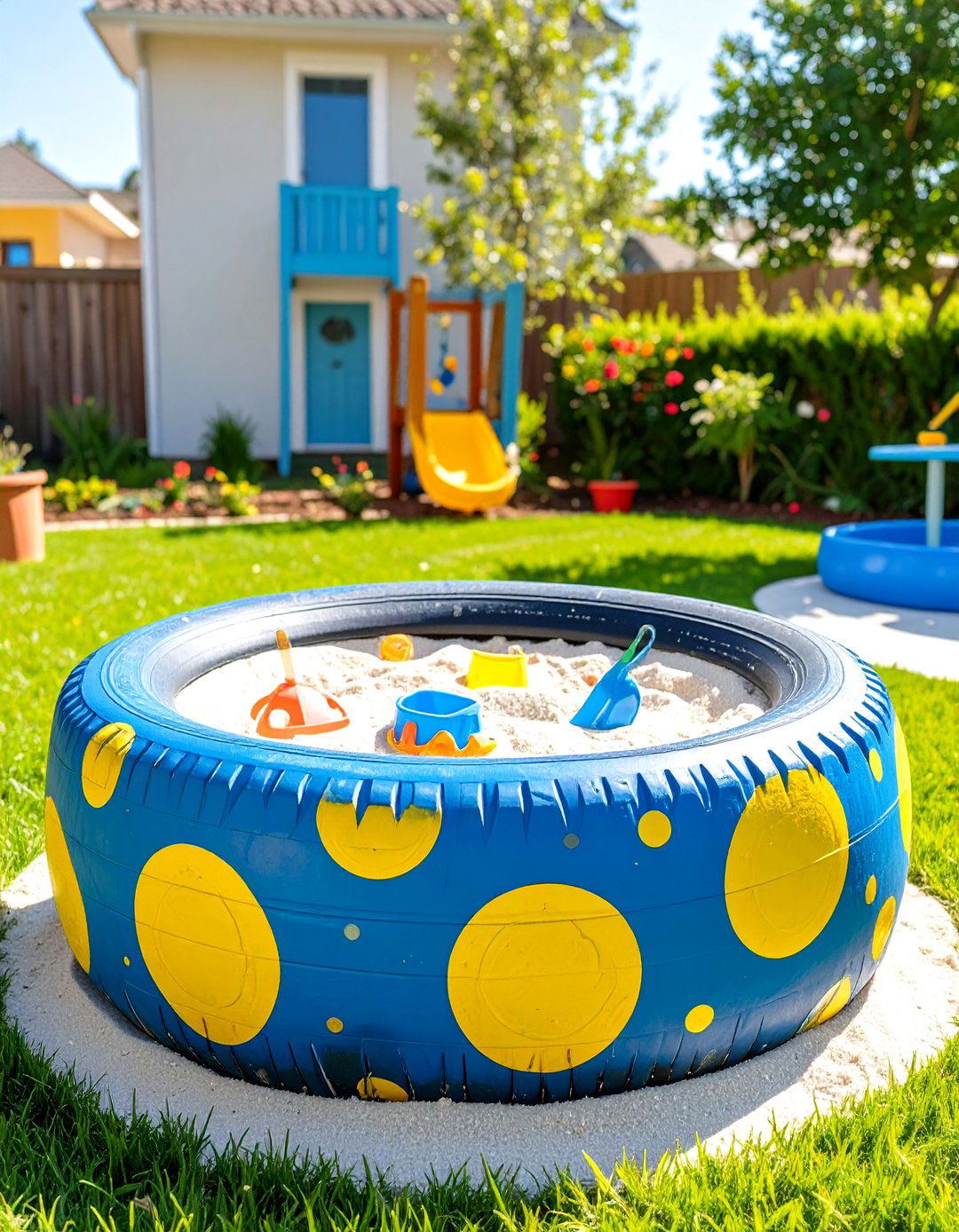 A Colourful Kids Tyre Garden Sandbox - 30 creative landscape tyre garden designs