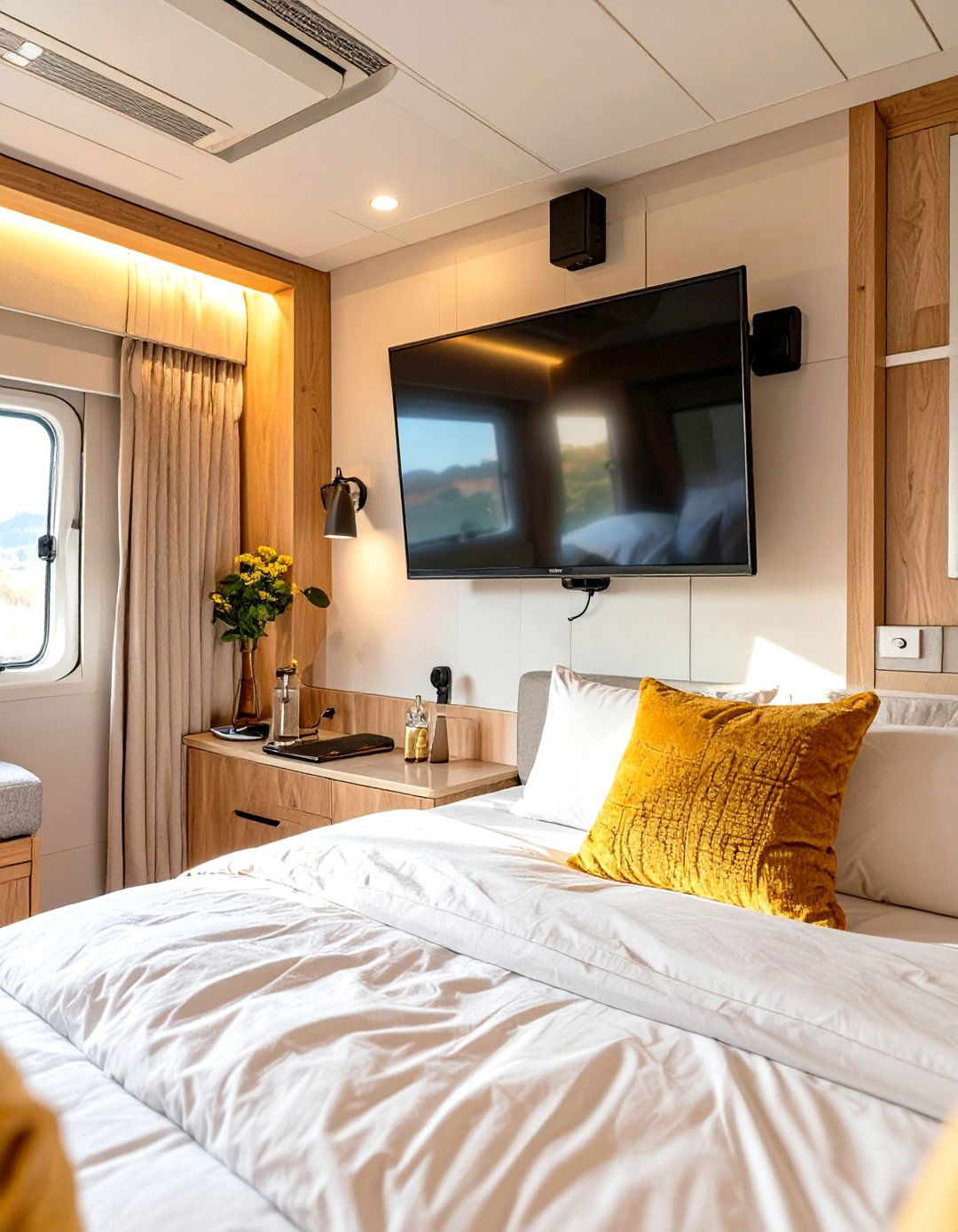 A Compact Wall Mounted TV Setup - 30 small rv bedroom ideas