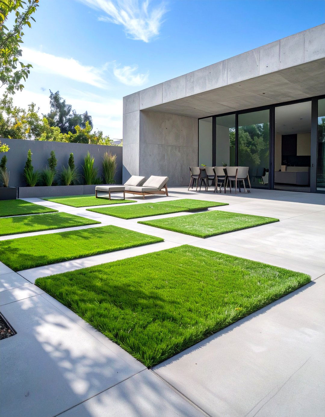 A Concrete Patio with Artificial Turf Inlays - 30 concrete patio extension ideas