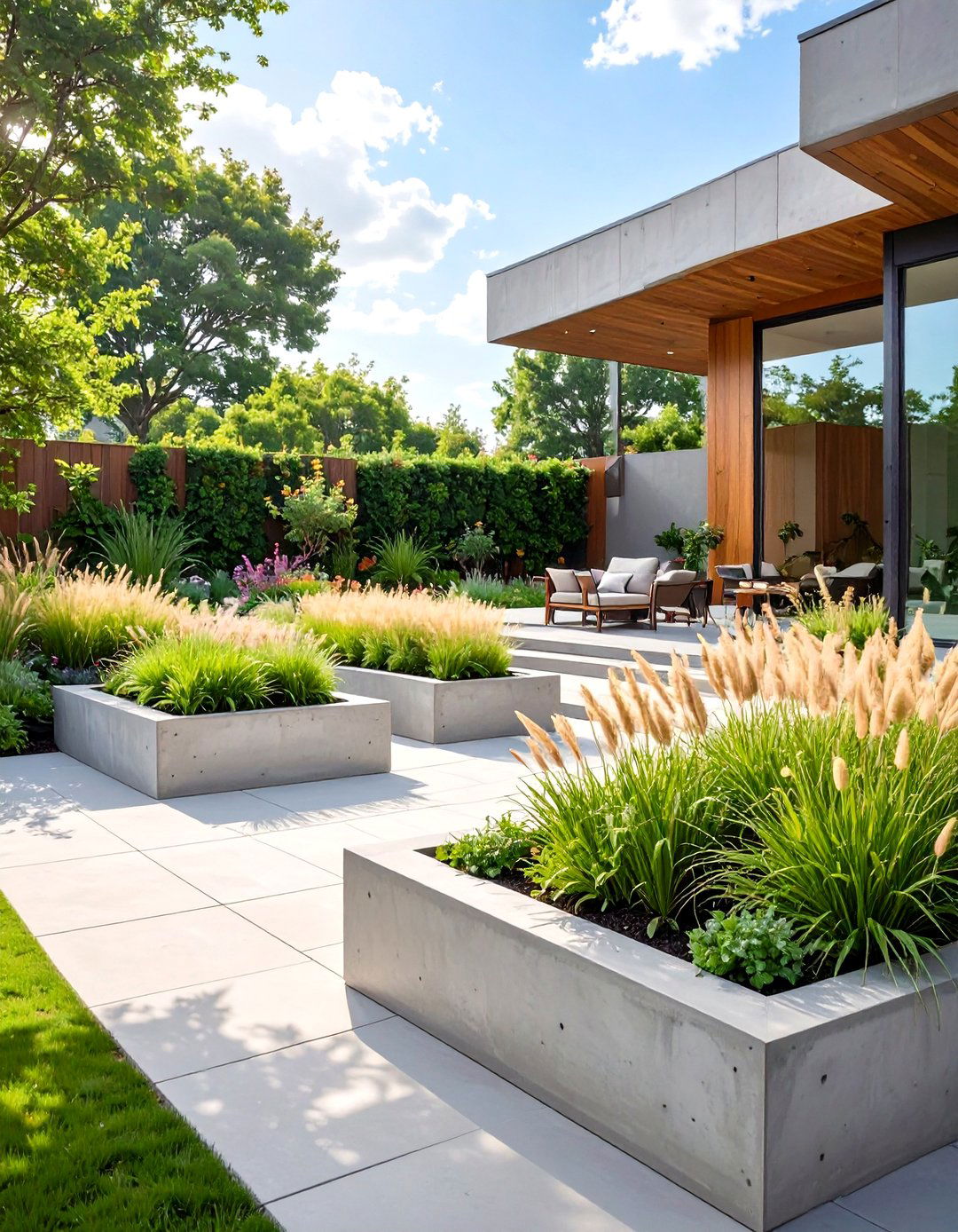 A Concrete Patio with Built In Planters - 30 modern concrete patio ideas
