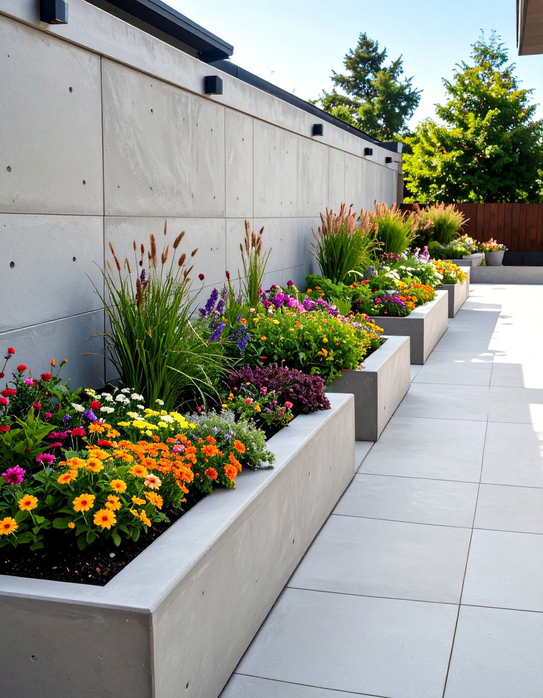 A Concrete Patio with Built In Planters - 30 concrete patio extension ideas