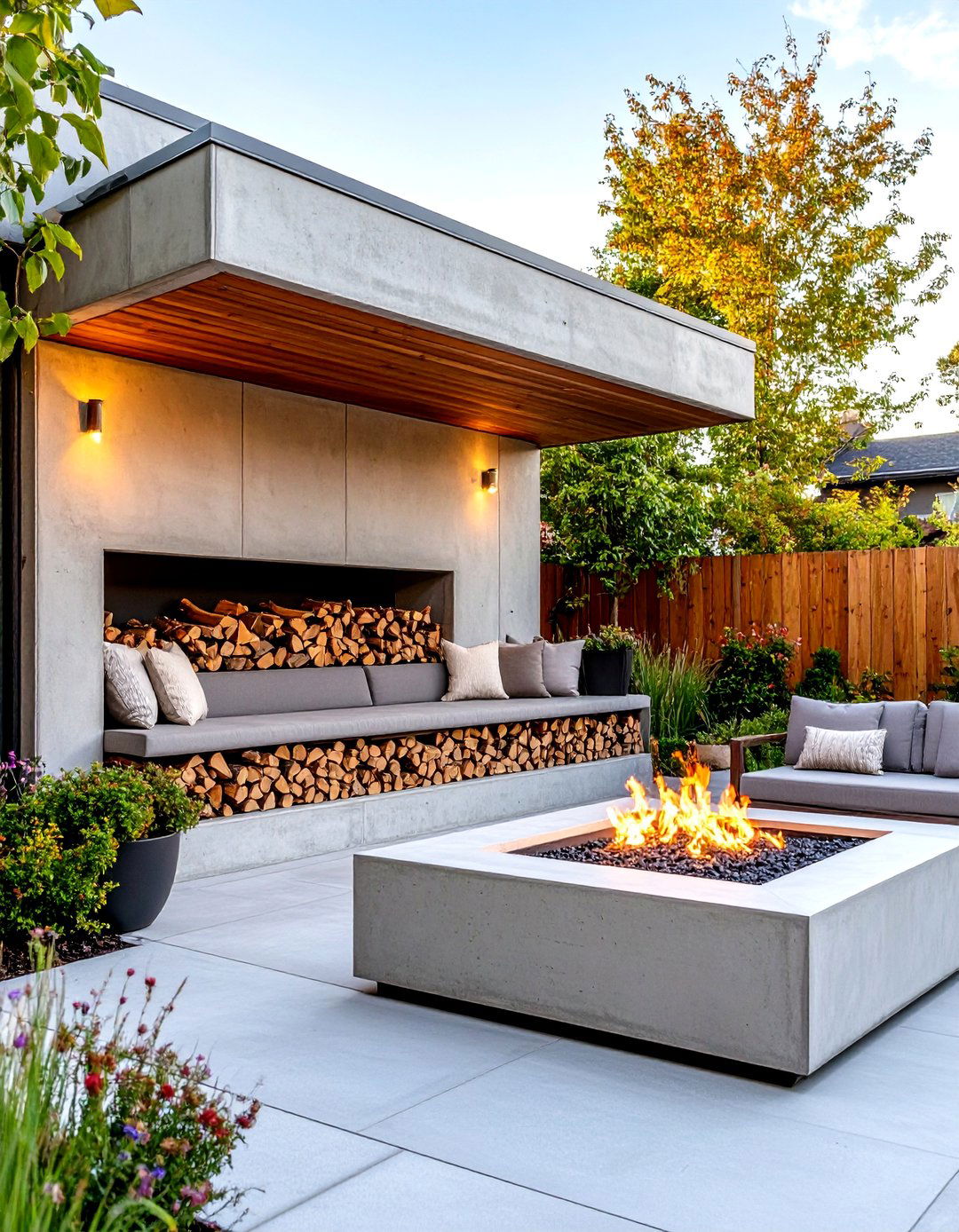 A Concrete Patio with a Built In Firewood Nook - 30 backyard concrete ideas