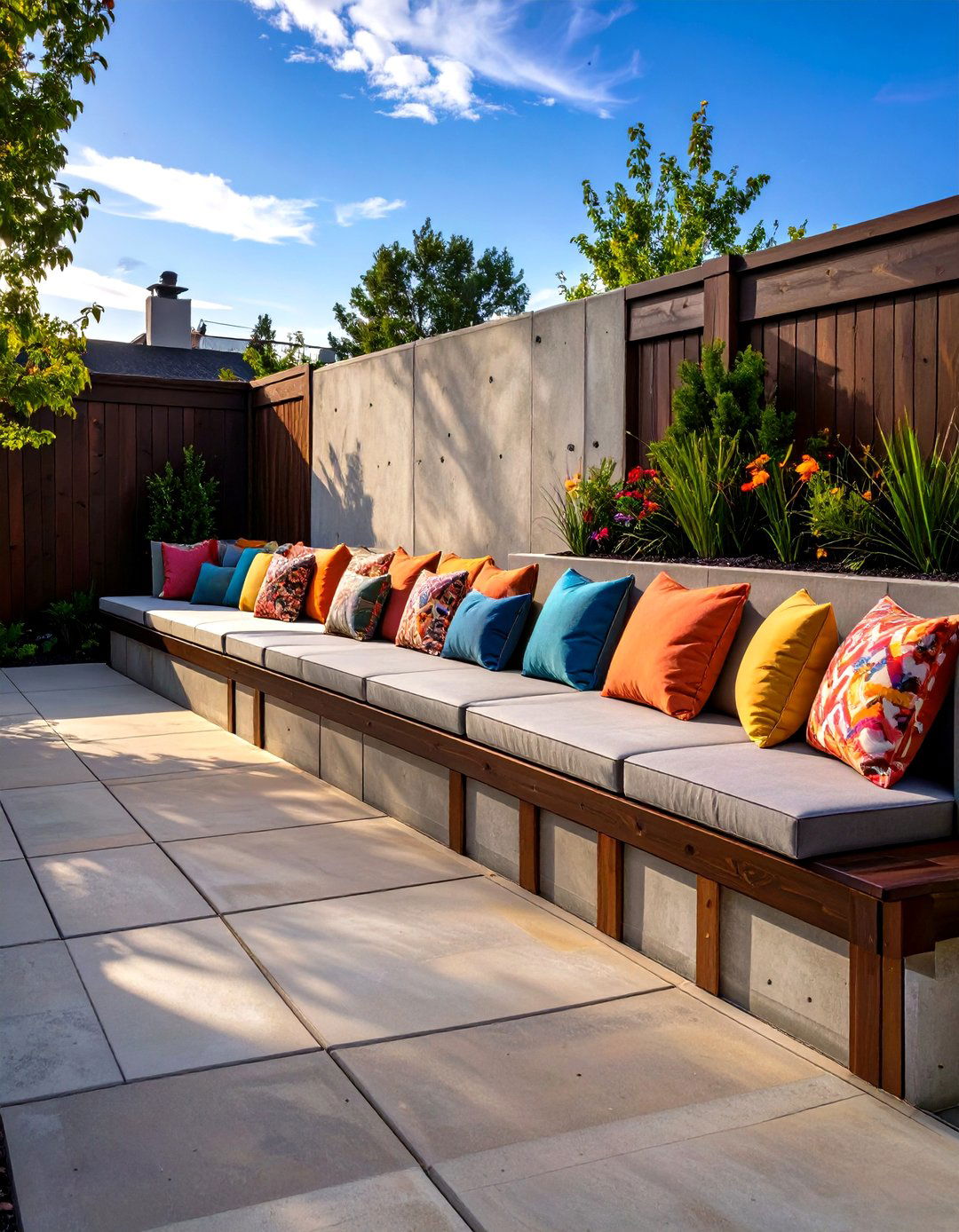 A Concrete Patio with a Retaining Wall for Seating - 30 concrete patio extension ideas