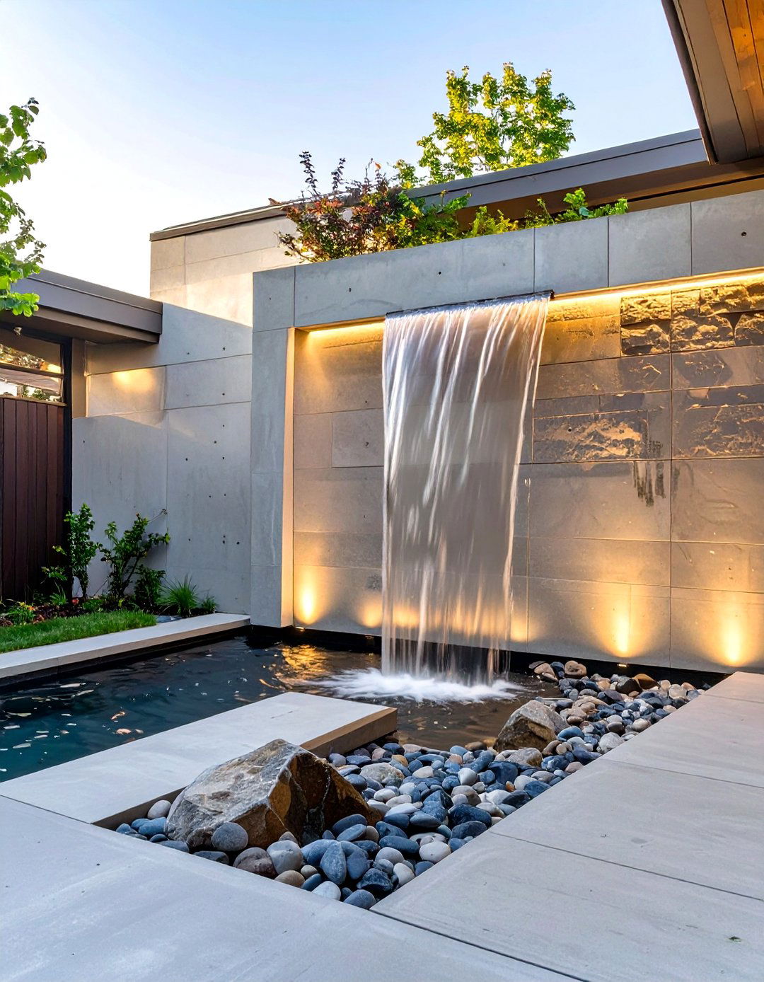 A Concrete Patio with a Water Feature Wall - 30 modern concrete patio ideas