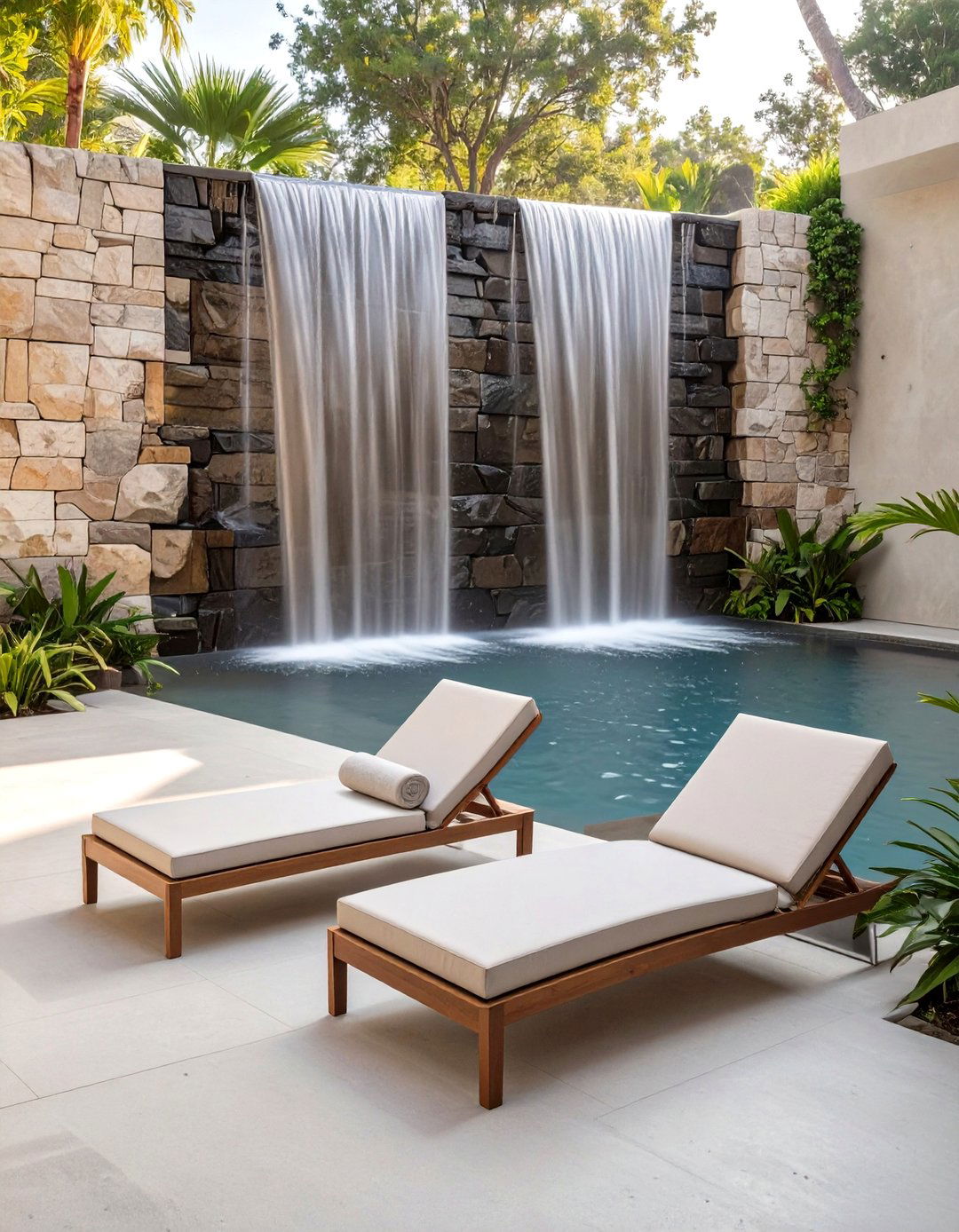 A Concrete Patio with a Water Feature
