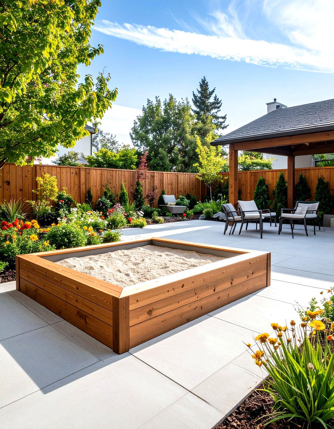 A Concrete Patio with an Integrated Sandbox - 30 backyard concrete ideas
