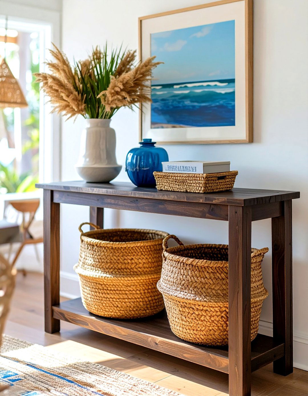 A Console Table with Baskets - 30 dining room storage ideas