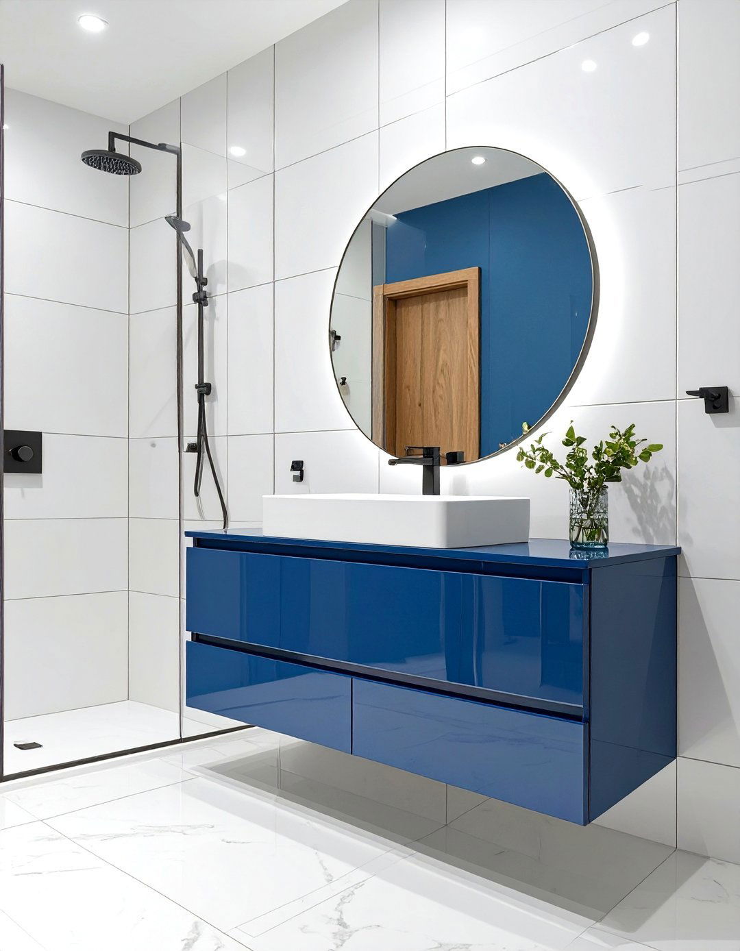 A Contemporary Bathroom with Sharp Lines - 30 navy blue vanity bathroom ideas