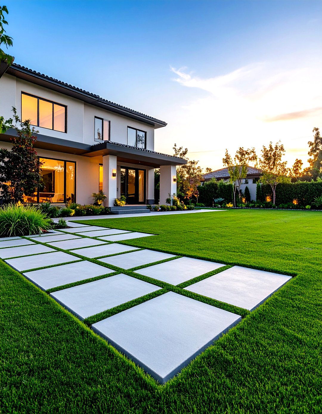 A Contemporary Concrete and Grass Lawn - 30 front lawn landscaping ideas