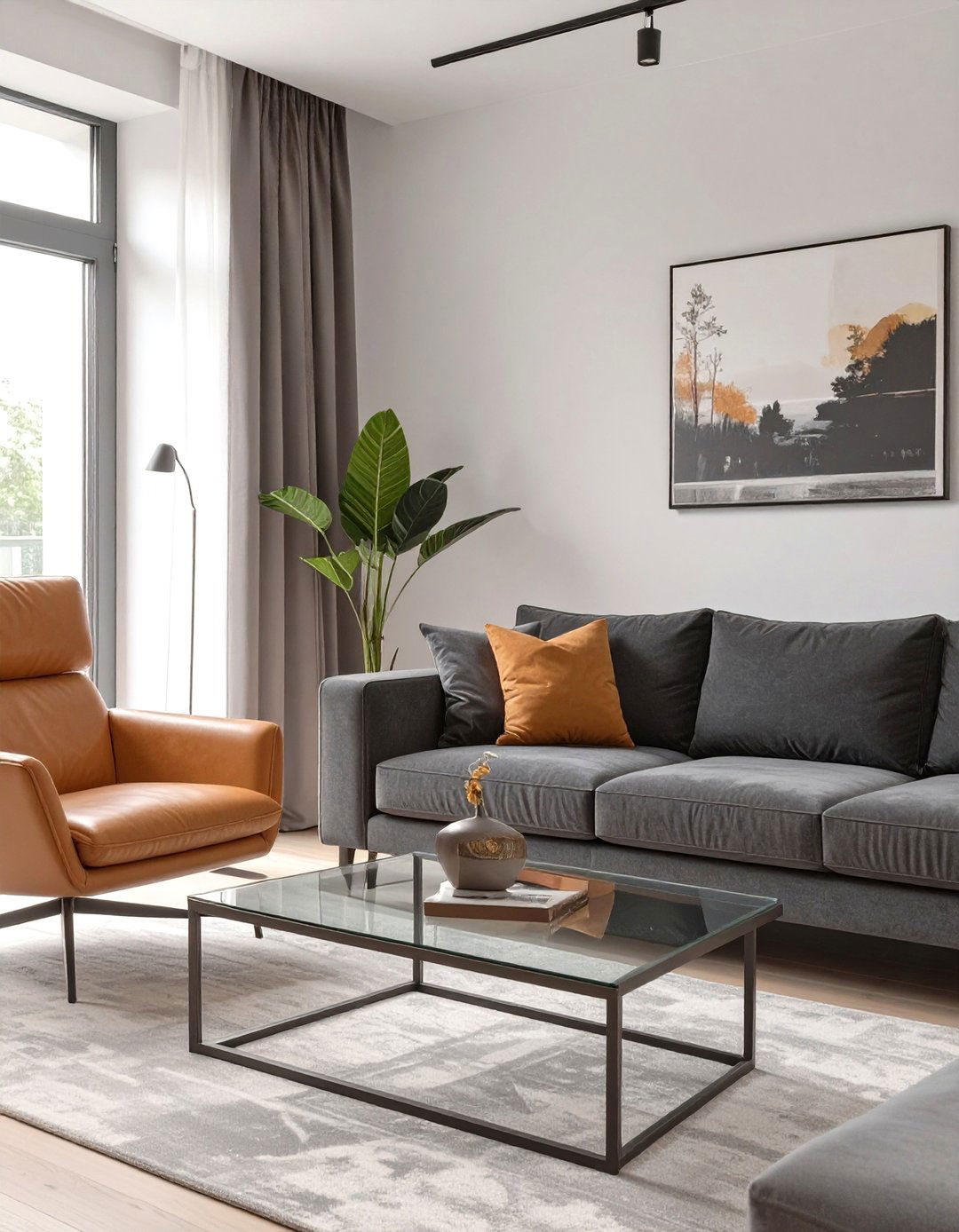 A Contemporary Living Room With Leather - 30 dark grey couch living room ideas