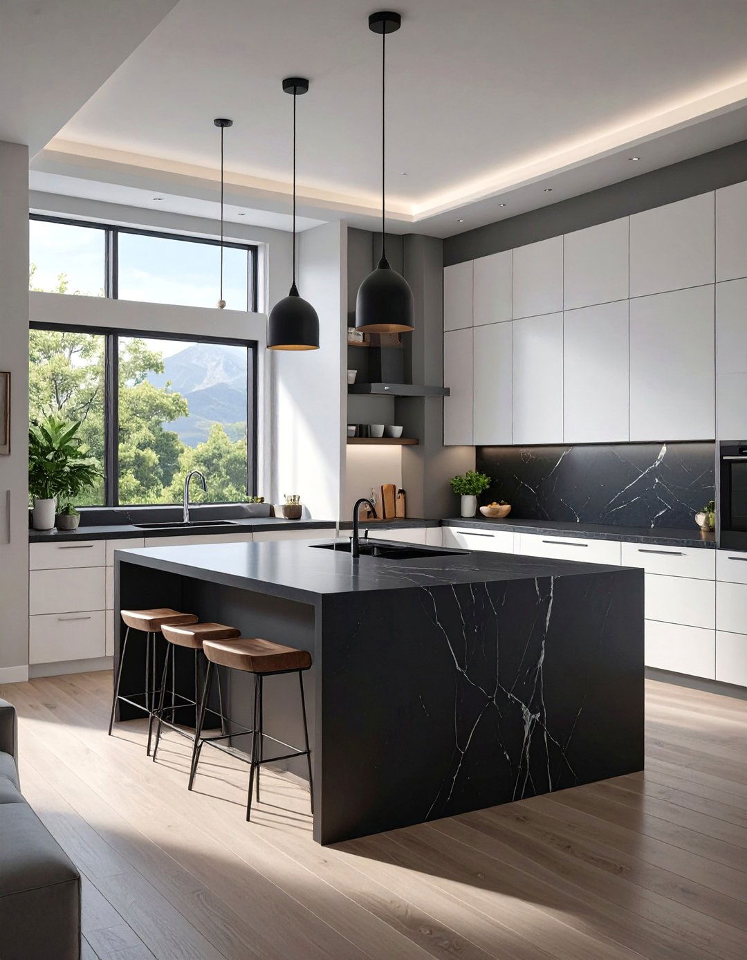 A Contrasting Black Island with White Perimeter Cabinets - 30 two tone kitchen cabinet ideas