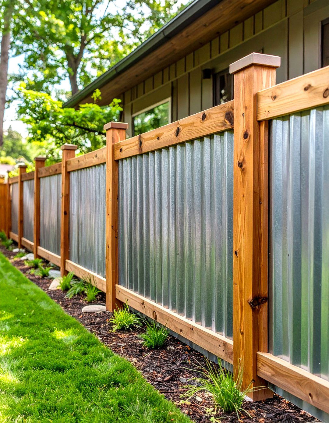 A Corrugated Fence with Wood Trim - 30 backyard privacy fence ideas