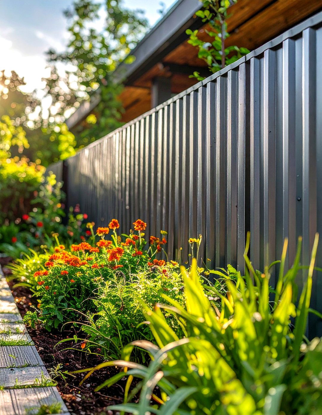 A Corrugated Metal Panel Fence - 30 low cost garden fence designs