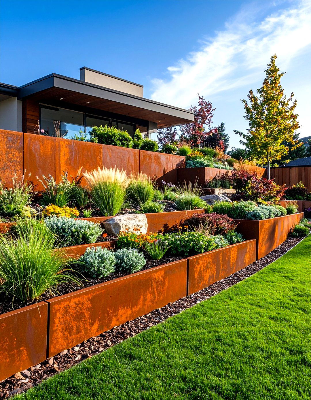 A Corten Steel Retaining Wall - 30 residential landscape design ideas
