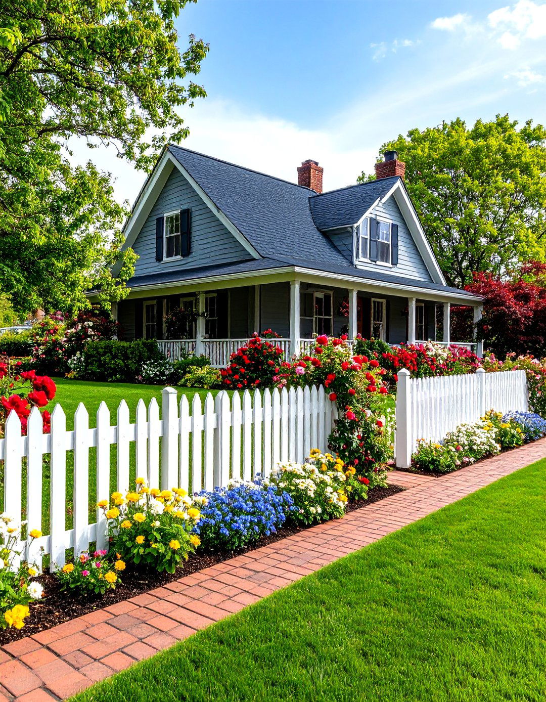 A Country Farmhouse Lawn with Picket Fence - 30 front lawn landscaping ideas
