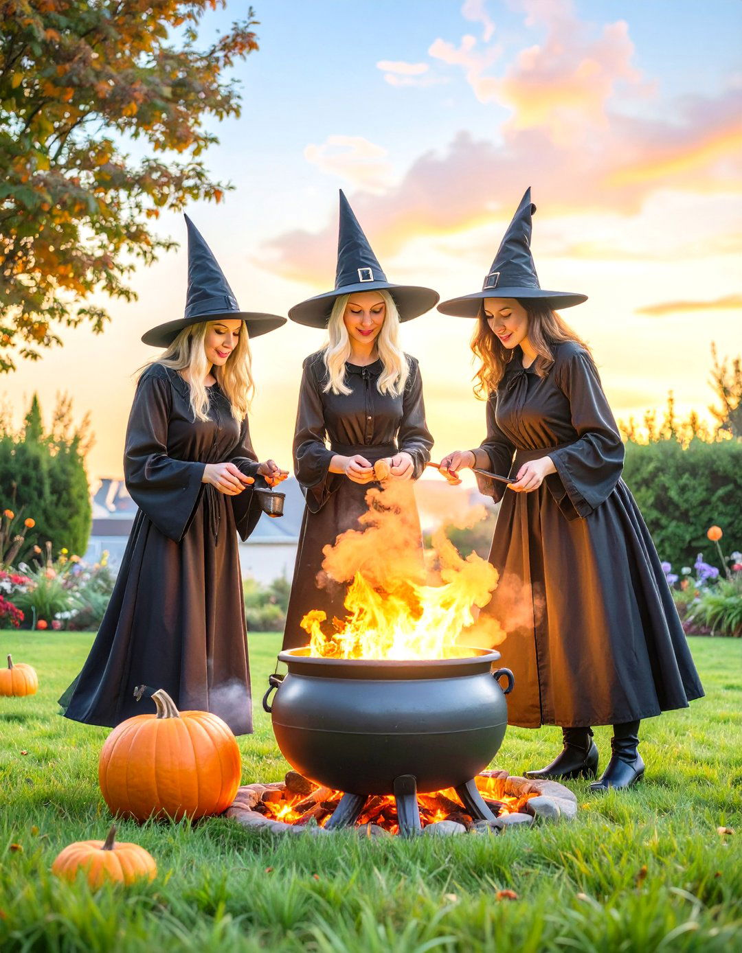 A Coven of Witches Around a Cauldron - 30 outdoor halloween decoration ideas