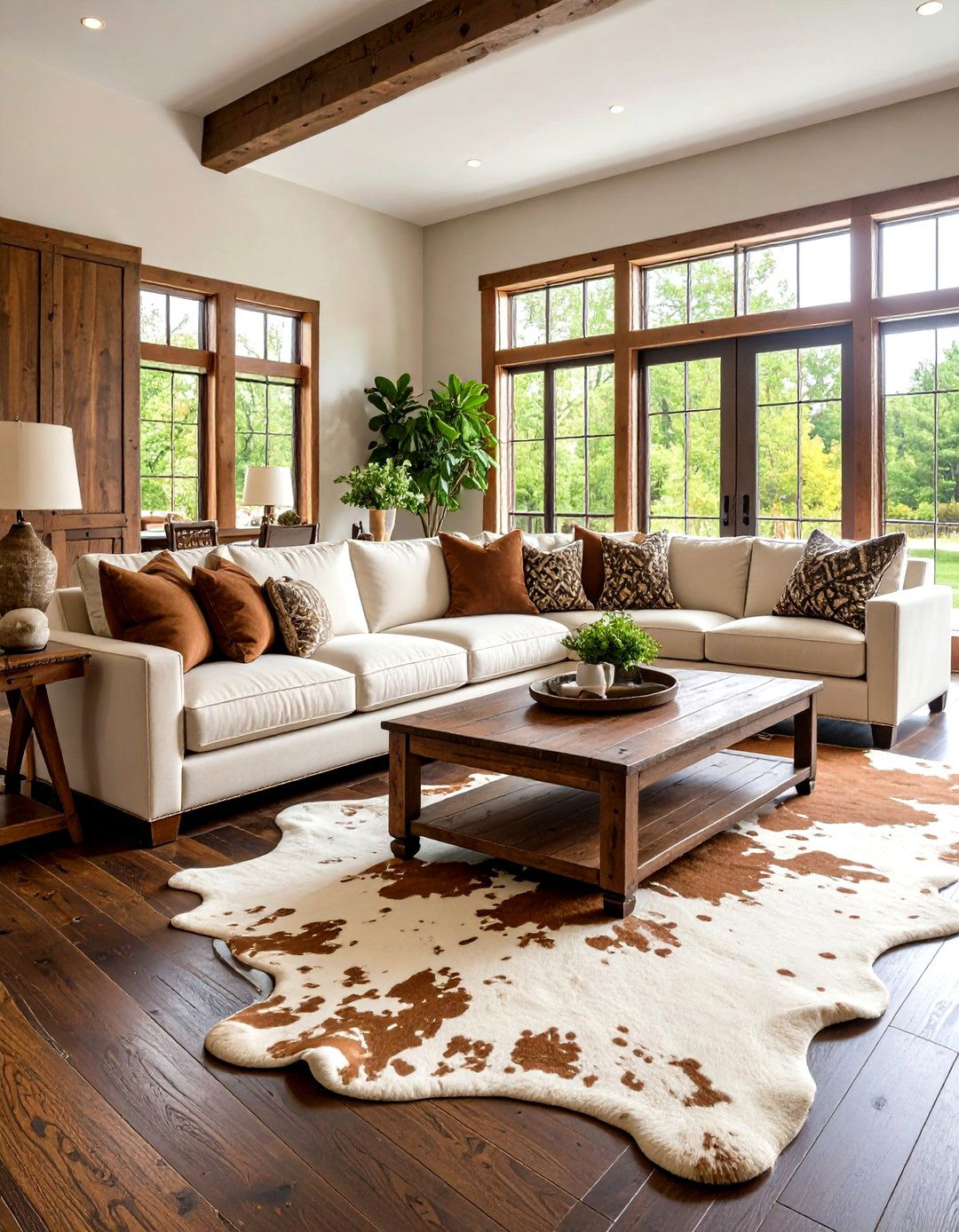A Cowhide Rug for Textural Contrast - 30 rustic living room ideas