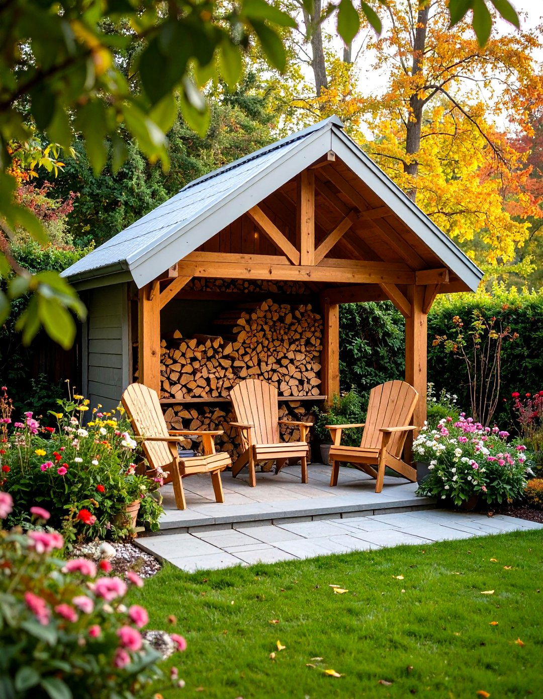 A Cozy Firewood Nook and Seating - 30 diy backyard ideas