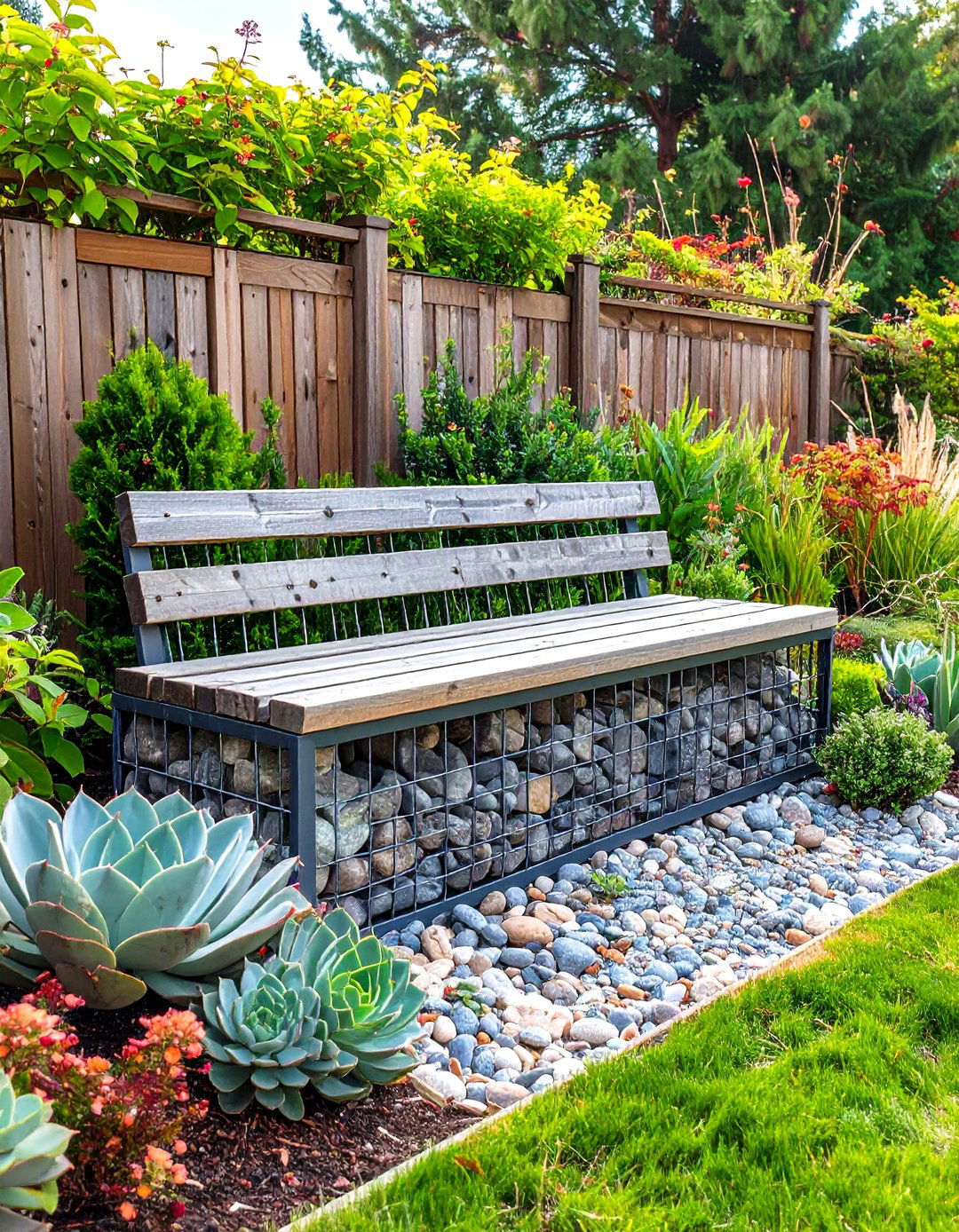 A Cozy Gabion Wall Garden Bench - 30 garden bench ideas