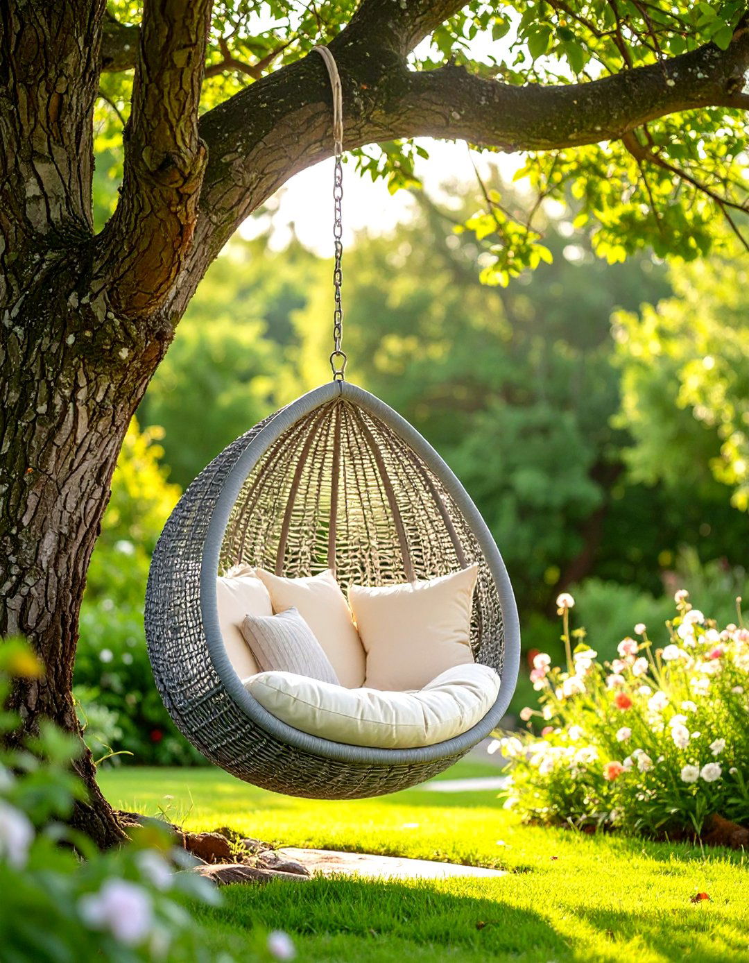 A Cozy Hanging Chair Pod - 30 outdoor oasis ideas