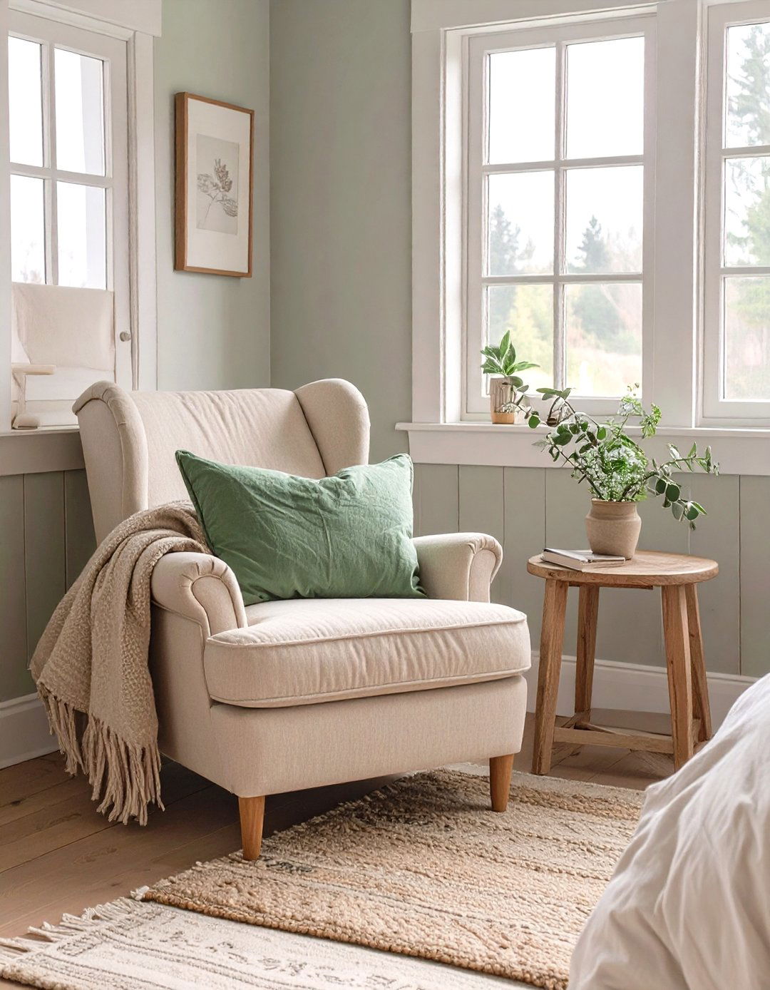 A Cozy Reading Nook with a Sage Green Chair - 30 rustic sage green bedroom ideas