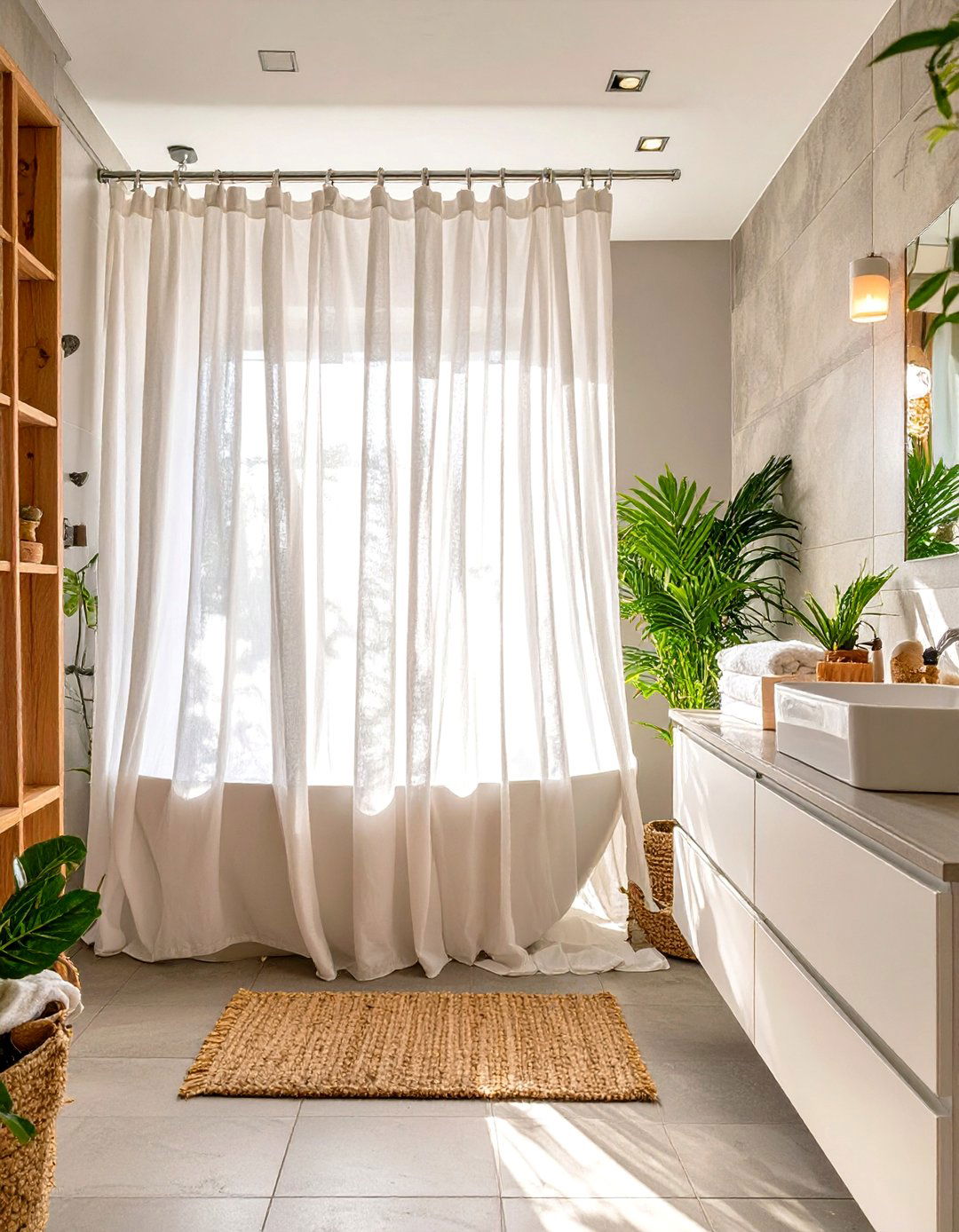 A Curtain Instead of a Glass Door - 30 small bathroom inspo ideas