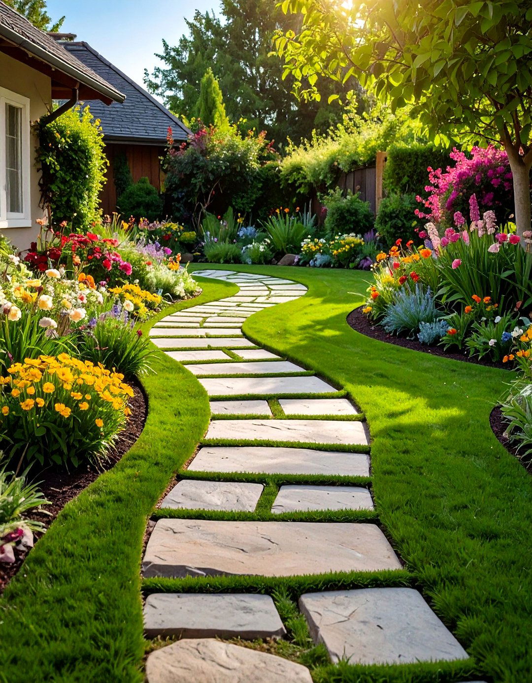 A Curvilinear Garden Pathway - 30 backyard ideas with pavers and turf