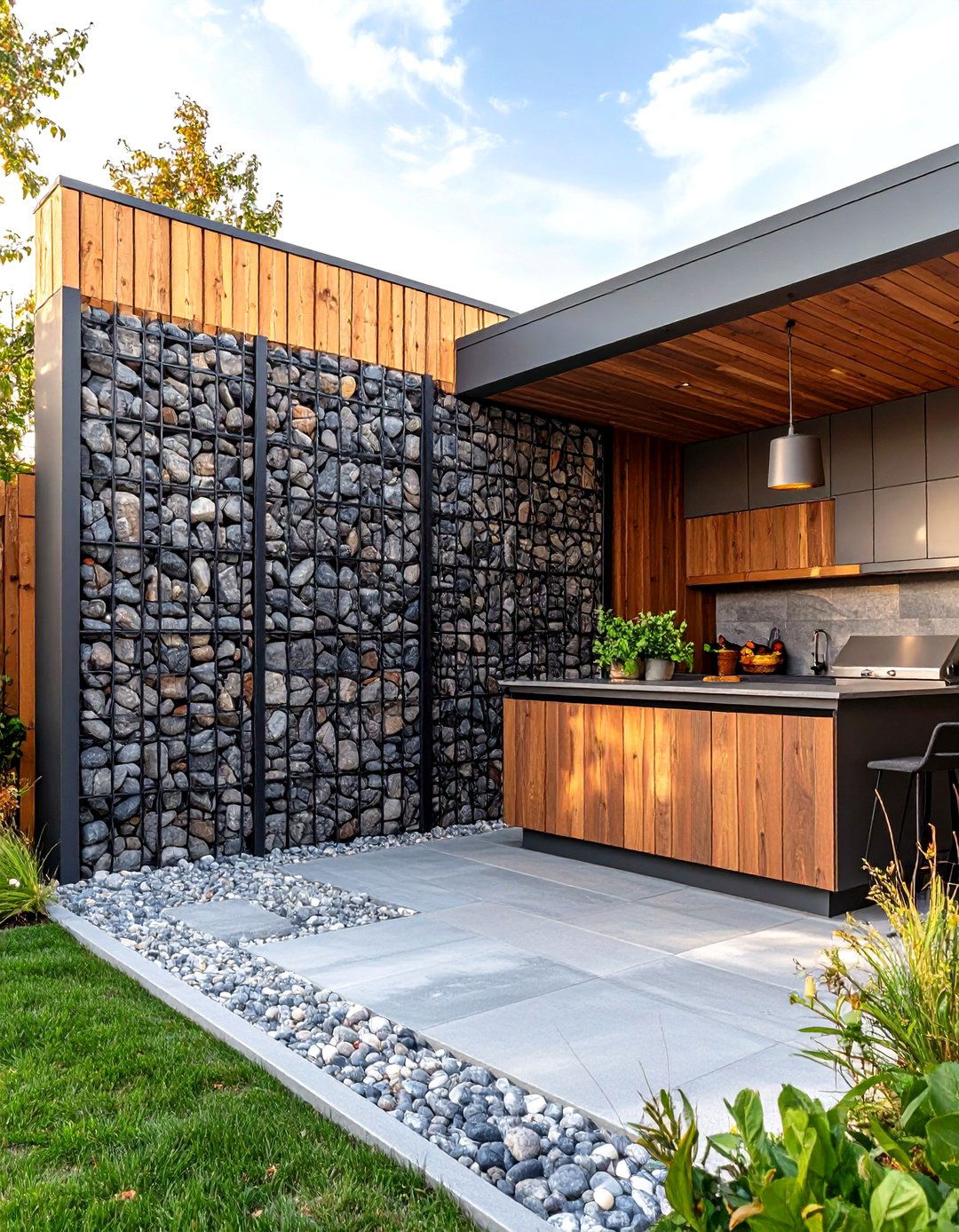 A Custom Gabion Wall - 30 patio privacy ideas