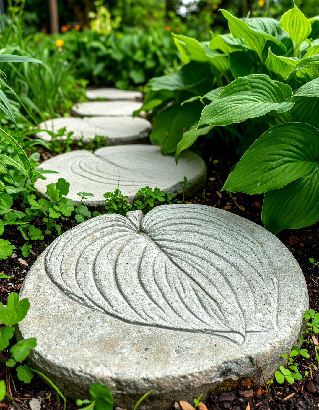 A DIY Concrete Leaf Stepping Stone Path - 30 budget backyard ideas